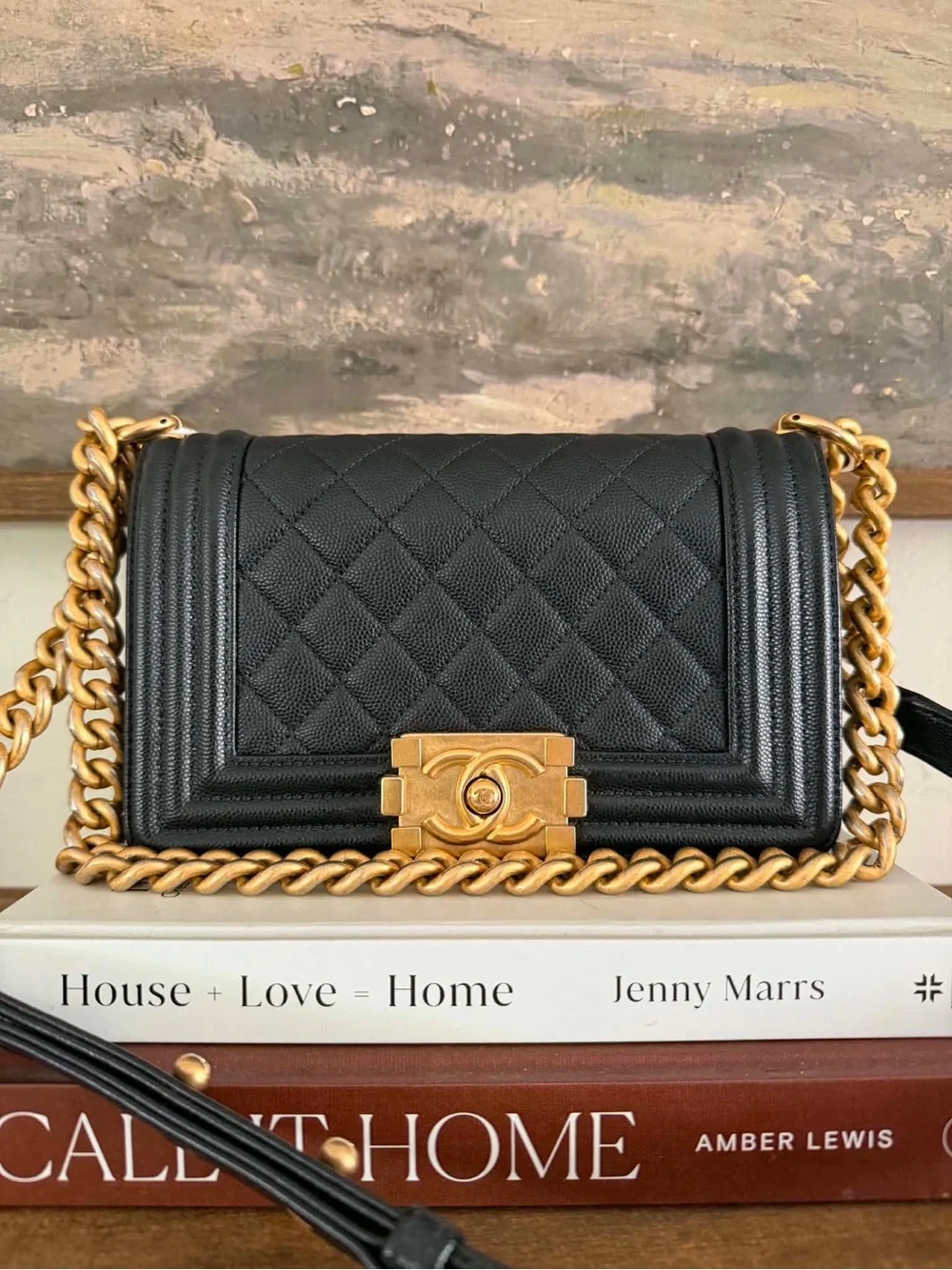 CHANEL Black Quilted Boy-Style Crossbody with Gold Chain Small Caviar